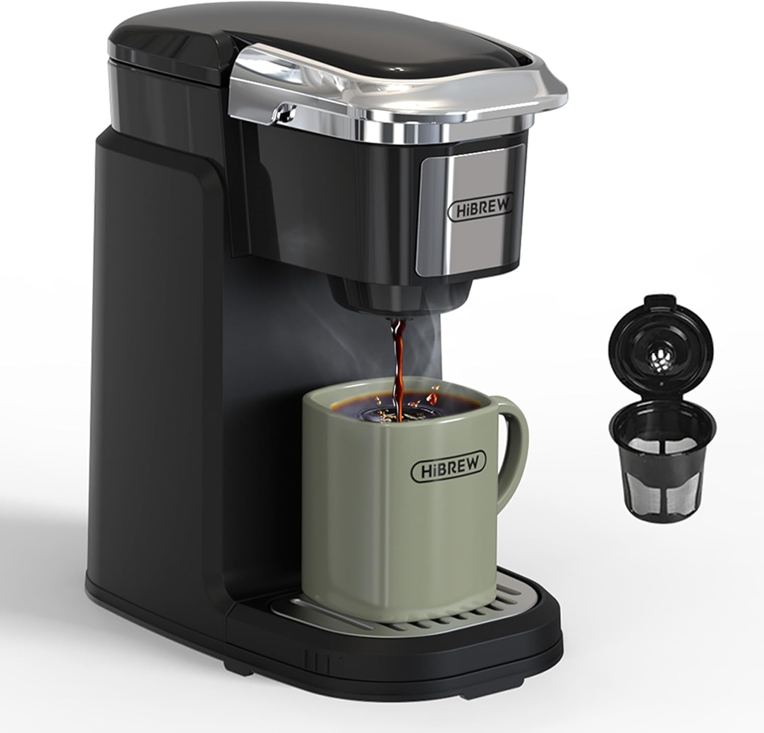 HiBREW Single Serve Coffee Maker - Portable,Coffee Machine for K Cup Pod, One Button Operation, Black Color for Kitchen, Office, Camping, Hotel