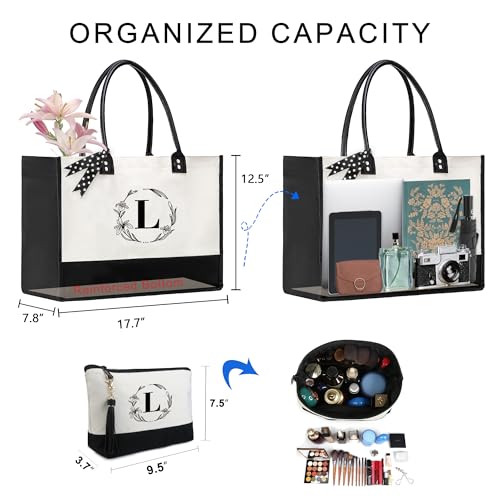 BeeGreen Mother's Day Gifts Personalized Women's Large White and Black Canvas Tote Bag, Embroidered Initials, Leather Handle, Zipper Closure