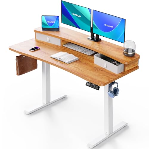 HUANUO 48″ x 24″ Electric Standing Desk with 2 Drawers, C-Clamp Mount Compatible, Height Adjustable Computer Desk, Home Office Stand Up Desk with 4 Preset Heights & 2 Hooks, Black