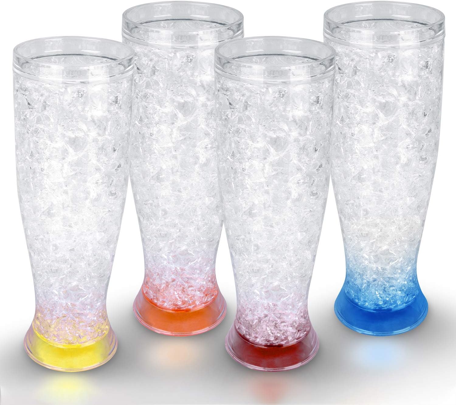 Freezer Ice Beer Mugs, Drinking Glasses, Double Wall Gel Frosty Beer Mugs, Cooling Wine Cups for Parties and Gifts, Clear 16oz Set of 4 (Red, Orange, Yellow and Blue)