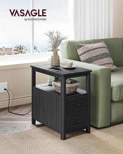 RUNFAYBIU with Charging Station  Narrow Nightstand with 2 Drawers  Living Room End Table with   for Small Spaces  Coastal Style  Vintage White and Heather Greige ULET322W73