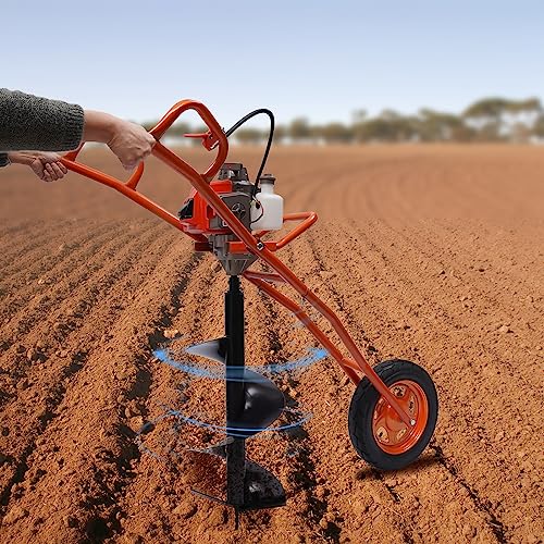 63CC Post Hole Digger 2-Stroke Gas Powered Earth Auger 3HP Gasoline Hand Push Hole Digger Auger Digging Drill Power for Fence Ground Drill Garden Tree Planting