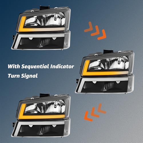 Headlights Assembly w/LED DRL compatible with 2003-2006 Chevy Silverado 1500 2500 3500, 03-06 Avalanche (No Cladding only), Headlamp w/Sequential Tun Signal