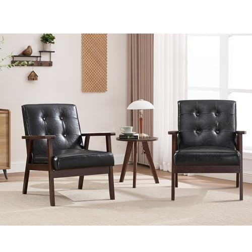 ANJ Mid Century Modern Accent Chair, Tufted Fabric Upholstery, Wood Frame, Beige