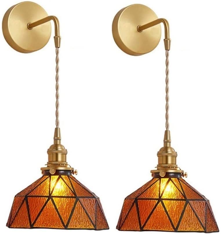 Tiffany Wall Sconces Battery Operated Set of 2,Indoor Wireless Wall Lights with Remote,Brown Glass shade Vintage Hanging Wall Lighting Fixture Wall Decor for Bedroom Bathroom Living Room Hallway
