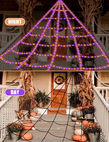 Spider Webs Halloween Decorations Lights - 550 LEDs Outdoor Giant Halloween Decor Lights with16.4ft,4ft Spider,8 Modes,Waterproof&Timer for Yard Porch Garden,Outside Party (with Spider)