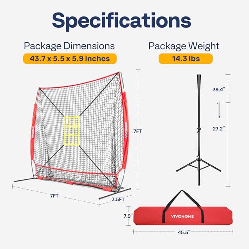 VIVOHOME Baseball Softball Hitting Net with Large Ball Collection System, 7 x 7 ft Baseball Batting Pitching Net with Tee, 2 Strike Zone, Carry Bag