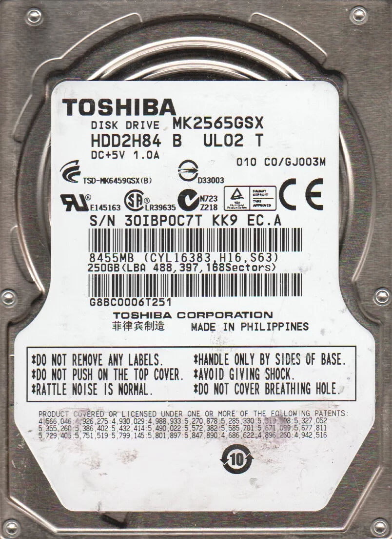 MK2565GSX, C0/GJ003M, HDD2H84 B UL02 T, Toshiba 250GB SATA 2.5 Hard Drive