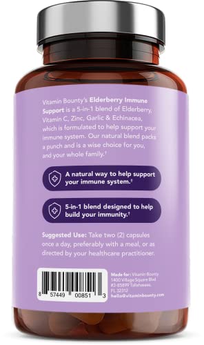 Vitamin Bounty Elderberry Organic Elderberry Capsules for Adults - Elderberry Vitamin C and Zinc Supplement, & Echinacea, Immune System Support, Advanced 5-in-1 Blend, Non-GMO - 60 Capsules