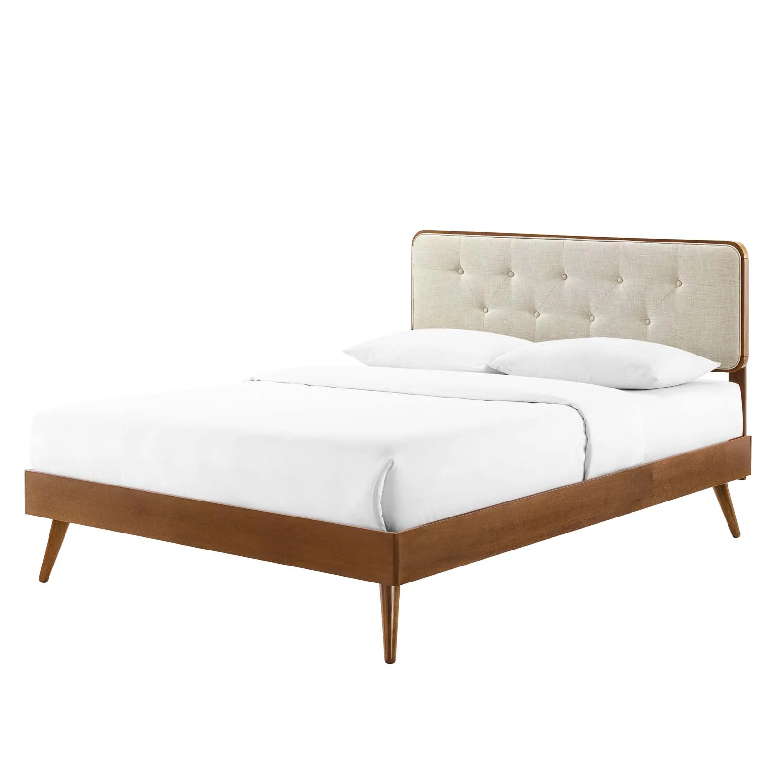 Platform Bed Frame, Full Size, Wood, Brown Walnut Beige, Modern Contemporary Urban Design, Bedroom Master Guest Suite