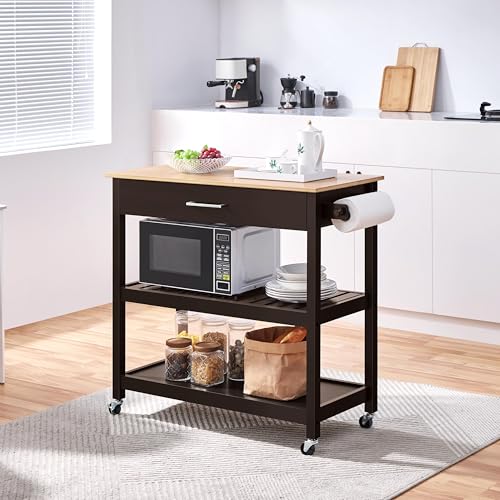 Yaheetech Kitchen Island Cart on Wheels with Bamboo Tabletop, 3-Tier Rolling Kitchen Island Microwave Cart with Drawer, Detachable Towel, 3 Hooks, 17