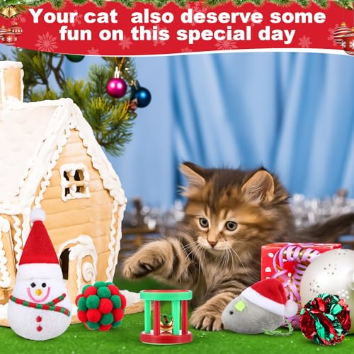 Soulchen 11 Pcs Christmas Cat Toys Stocking Gift Holiday Catnip Interactive Cats Toy Gift Set with Santa, Snowman, Plush Balls, Crinkle Mice, Variety Pack for Indoor Cats, Pet Stocking Present