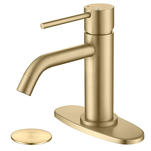 Brushed Gold Vessel Sink Faucet with Pop Up Drain and Supply Lines, Stainless Steel Gold Vanity Faucet Single Hole, JXMMP Single Handle Bathroom Faucet Gold, JXM1001BG