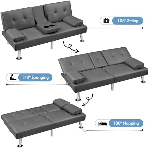 Yaheetech Convertible Sofa Bed Adjustable Fabric Couch Sleeper Modern Recliner Reversible Loveseat Folding Daybed Guest Bed, Removable Armrests, Cup Holders, 3 Angles, 772lb Capacity, Dark Gray