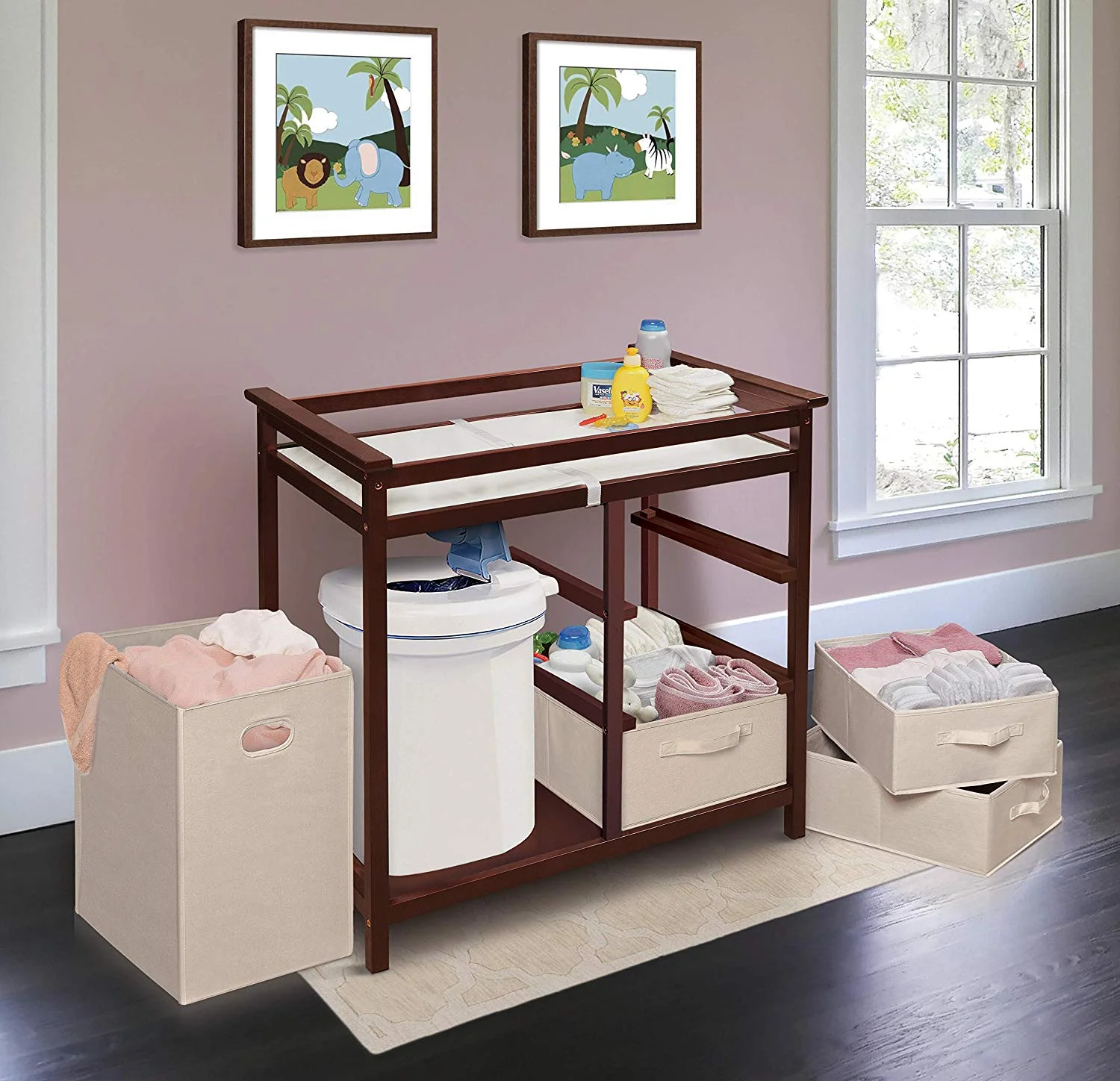 Badger Basket Modern Changing Table with Three Baskets & Hamper-Finish:Cherry