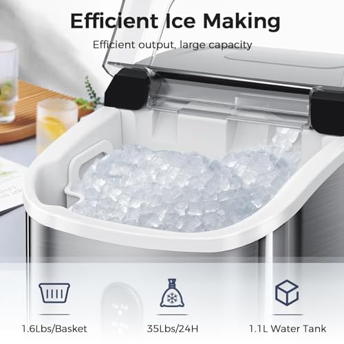 Kismile Nugget Ice Makers Countertop, 35Lbs/24H,Portable Sonic Ice Machine with Self-Cleaning/One-Click Operation for Home/Office(Stainless Steels Silver)