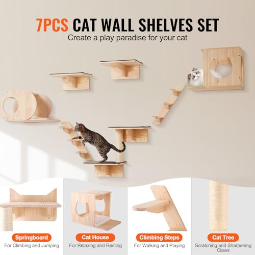 VEVOR Wall Mounted Cat Shelves, Perches with Jumping Boards, Hammock, Sofa, Cat Furniture and Shelves up to 40 lbs for Sleeping, Playing, Climbing, Set of 6