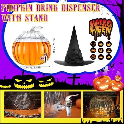 12 Pcs Halloween Pumpkin Dispenser Kit for Trick or Treat, Include 2 Gallon Glass Pumpkin Bowl Beverage Drink Dispenser with Spigot, Halloween Witch Hat and 10pcs Spooky Stickers