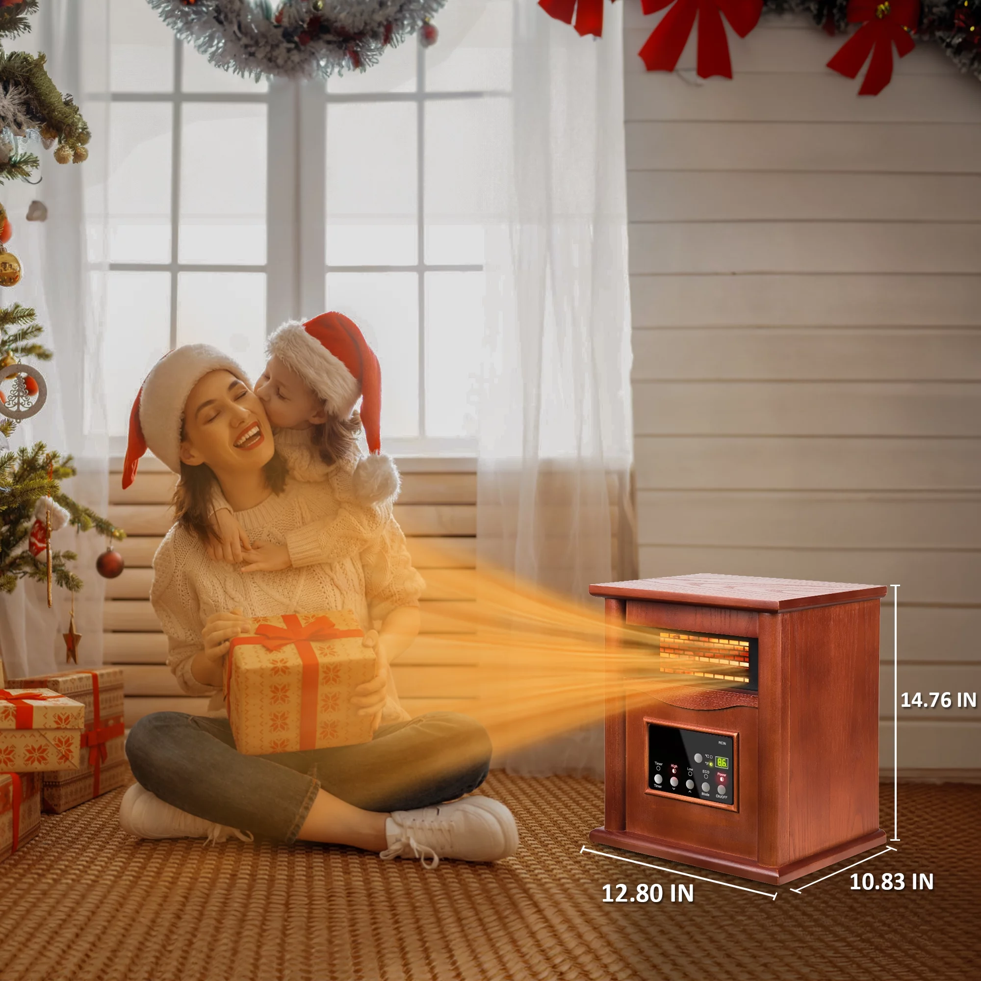 LifePlus 1500W Electric Infrared Quartz Space Heater for Indoor Use w/ LED Digital Screen, Remote Control, 12H Timer