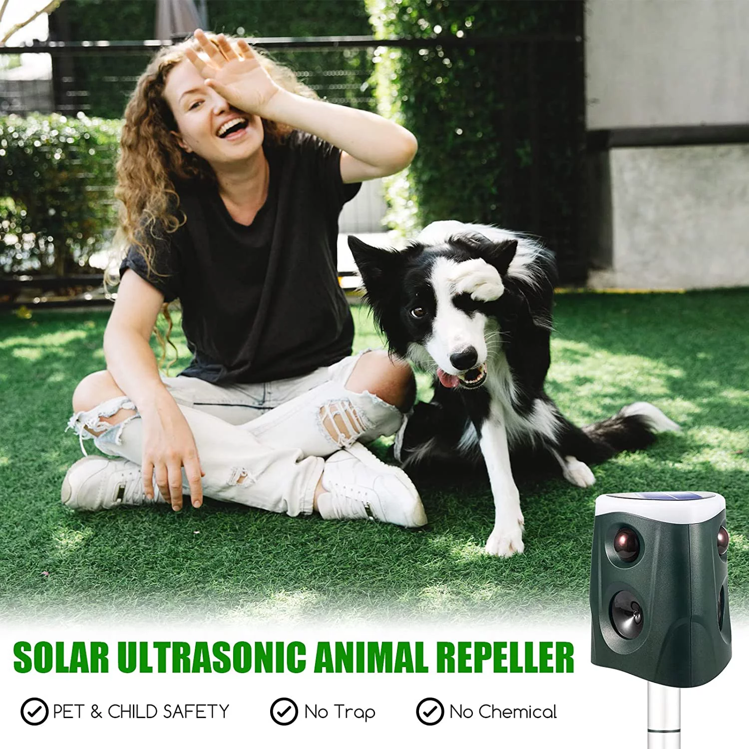 Solar Animal Repeller Ultrasonic Cat Repellent Outdoor Waterproof 360°Animal Deterrent with PIR Sensor & Strobe Light & Alarm Sound Specialized in Repelling Deer Dog Cat Rabbit Fox Raccoon Squirrel