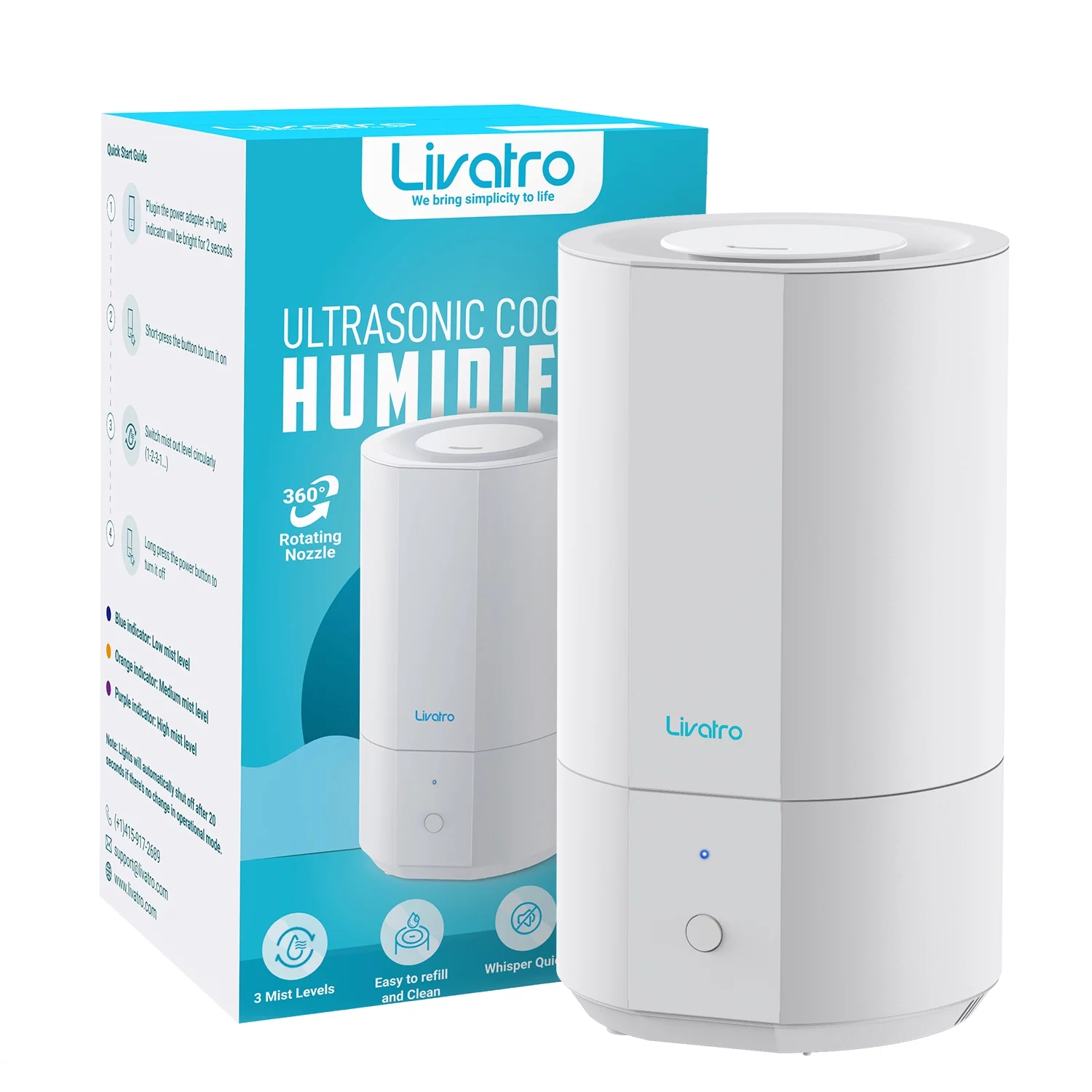Livatro Humidifiers for Bedroom Quiet Easy Clean, 4L Top Fill Cool Mist Ultrasonic Humidifier with Essential Oils, Auto Shut-off, Last up to 40 Hours, White