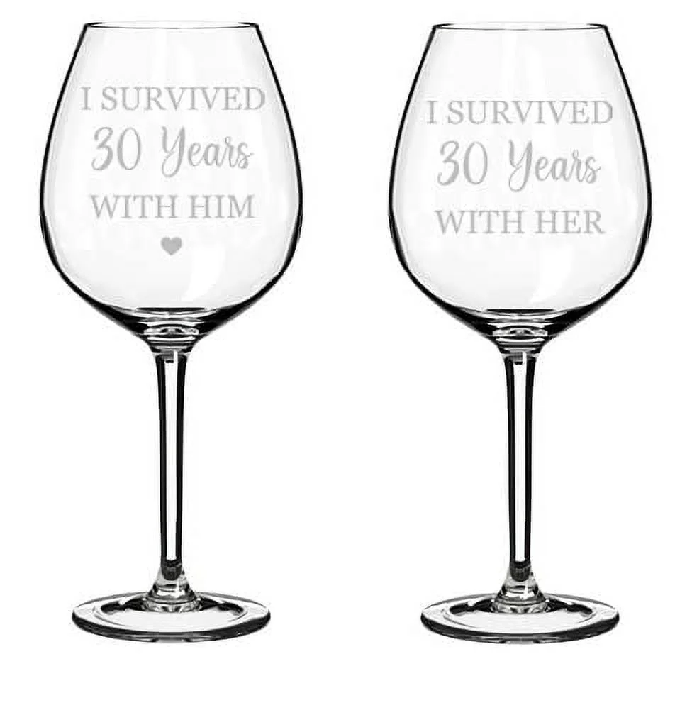 Set of 2 Wine Glass Goblet Gift I Survived 30 Years 30th Anniversary (20 oz Jumbo)