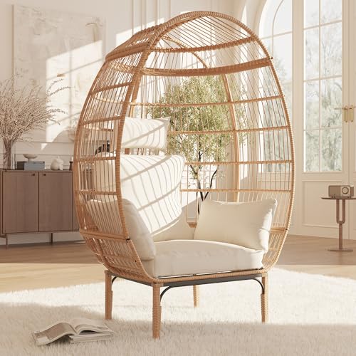 500 Lbs Capacity Oversized Wicker Egg Chair, All-Weather Rattan Egg Lounge Chairs for Patio, Backyard, Living Room, Outdoor Oversized Egg Chair Indoor w/5 Cushions