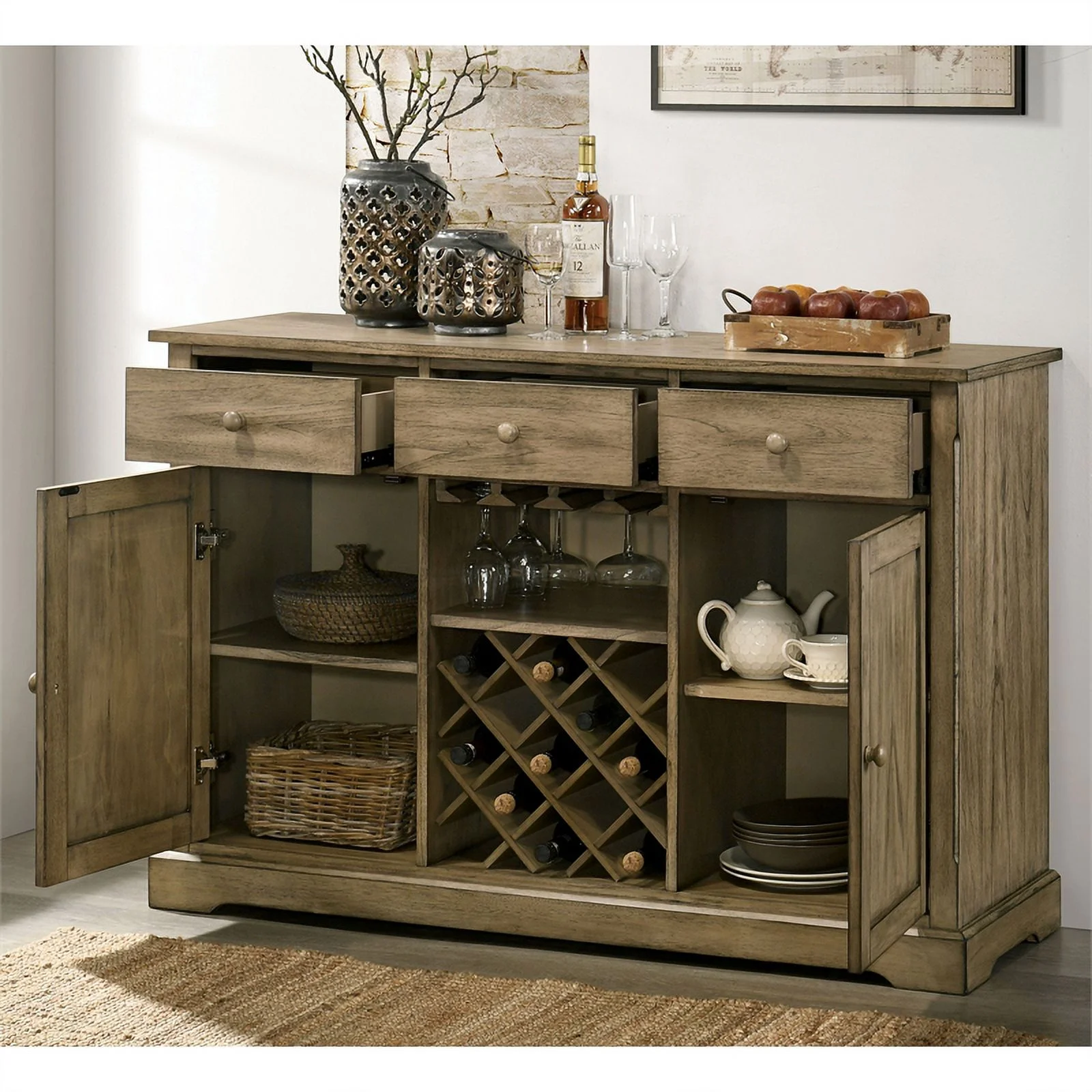 Furniture of America Birch Rustic Wood Server with Wine Rack in Light Brown