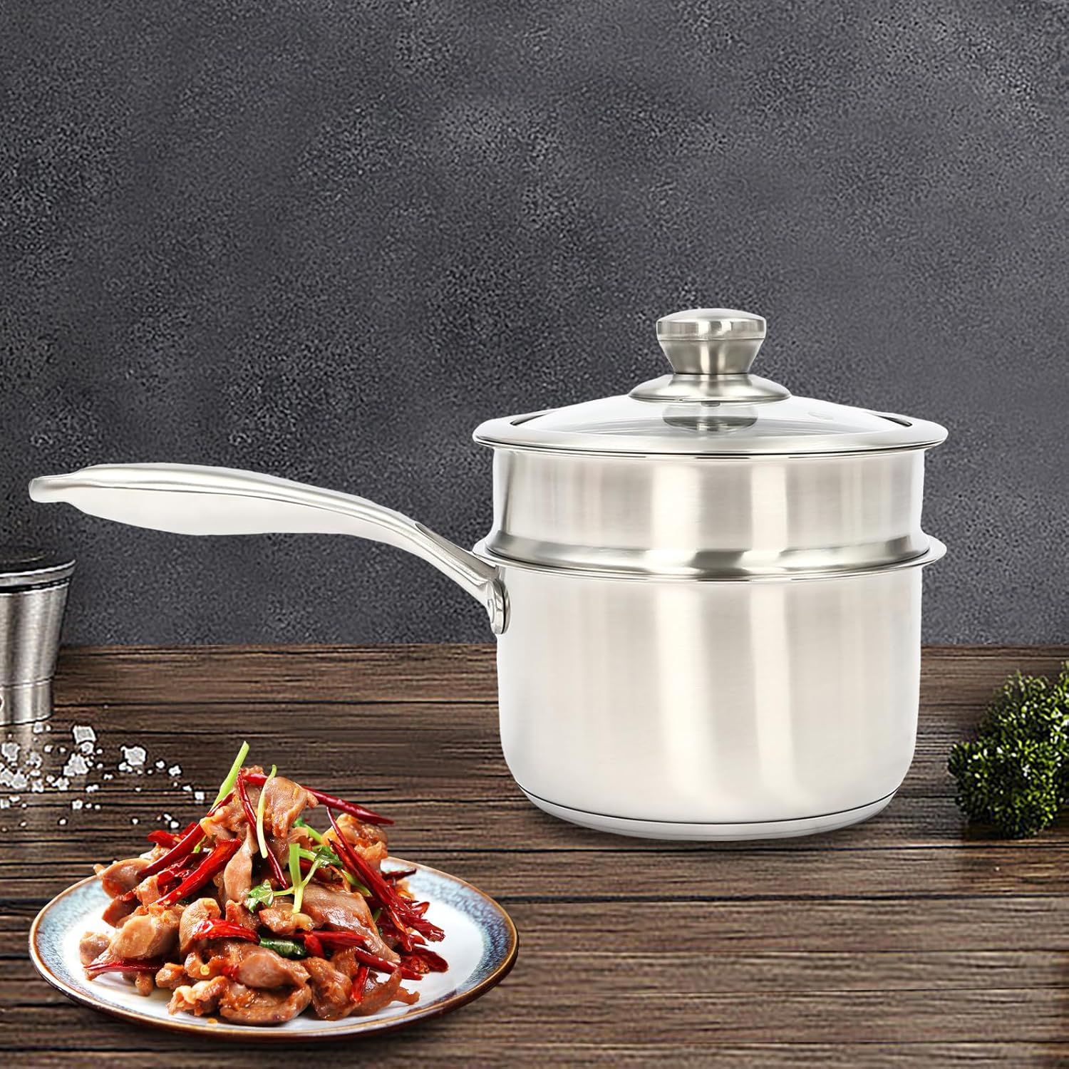 2-Layer Stainless Steel Steamer Pot, 1 Saucepan & 1 Steamer with Transparent Lid, Stackable Food Steamer, Vegetable Steamer Cooker, Steamer Cookware Pot