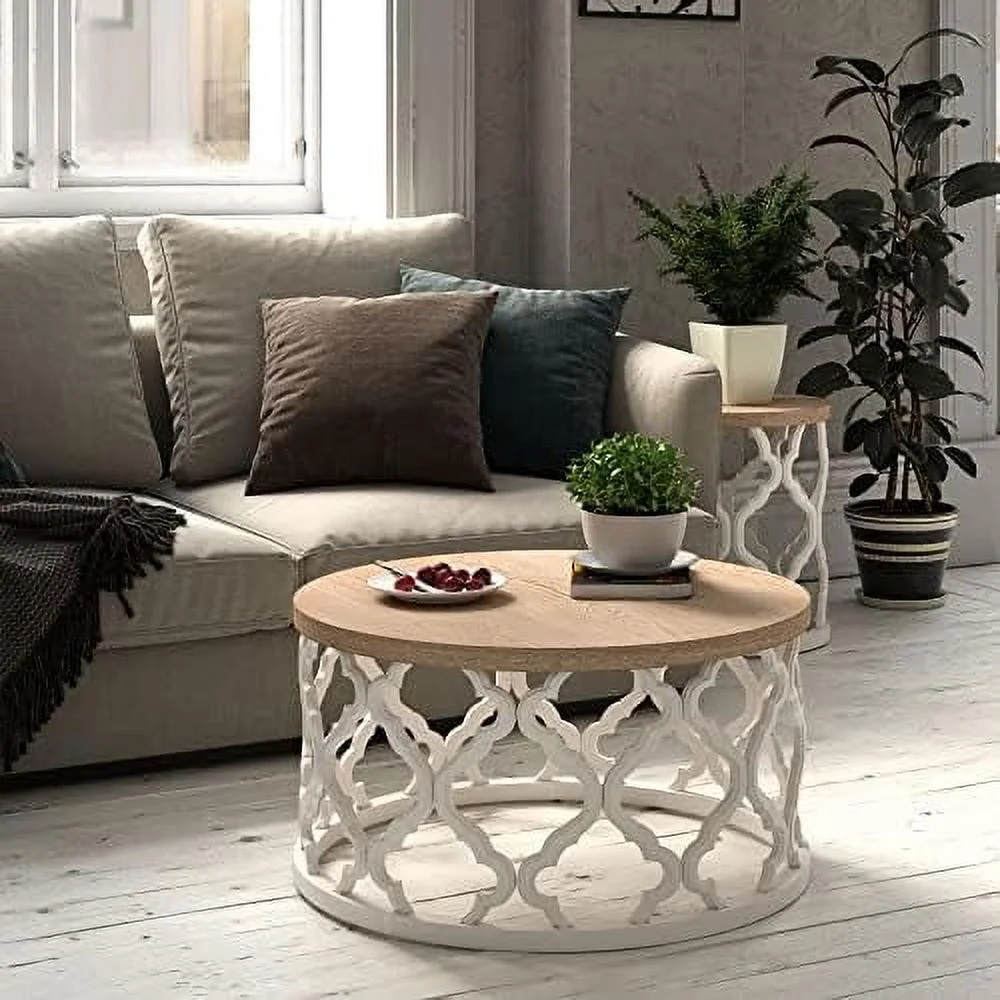 TJUNBOLIFE Rustic Farmhouse Coffee Table  Distressed Wood Top Table with Curved Motif Frame Base for   French Country Decor  Round  White  30Dx30Wx16H in