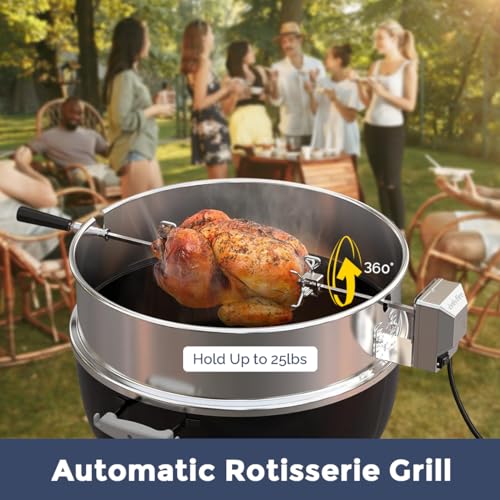 IULULU BBQ Rotisserie 22.5-Inch Kettle-Stainless Steel Grill Rotisseriee Ring Kits for Weber CharcoalGrills with Motor, Forks, Extendable Spit Rod (27