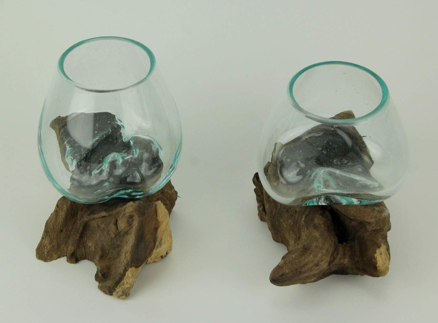 Molten Glass On Teak Driftwood Decorative Bowl Vase Terrarium Planter Set of 2
