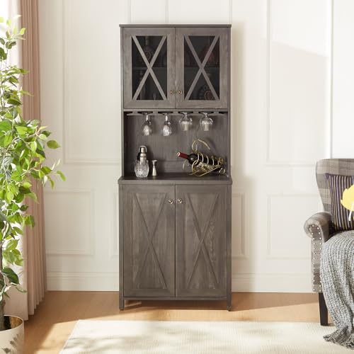 Sideboards Buffets Coffee Bar Cabinet Kitchen Pantry Cupboard Storage Serving Cabinet with Microwave Stand, Home Source Bar Cabinet and Hollow out Barn Design Wood Cabinet, Grey