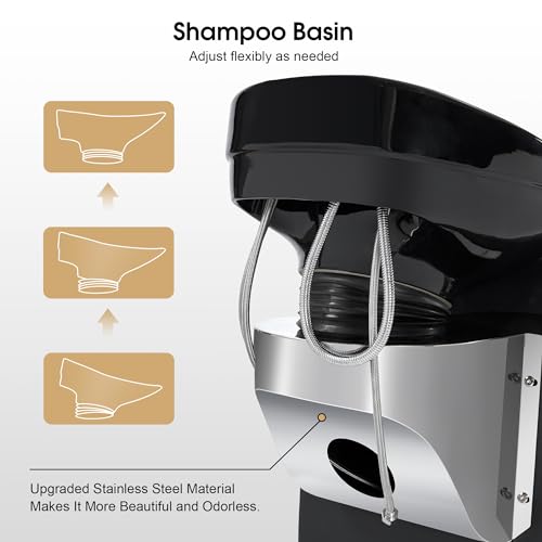 BarberPub Ceramic Bowl Backwash Shampoo Chair, Adjustable Modern Shampoo Sink Chair, Hair Washing Station for Professional Shampoo Barbershop, Home&Beauty Spa Salon 9102 (White)