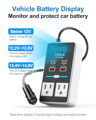 300W Car Power Inverter - YSOLX Dual DC 12V to 110V AC Car Outlet Adapter to Wall Plug, 24W Fast Charging USB-C&USB-A, Portable ​Charger Converter with for Laptops, Phones