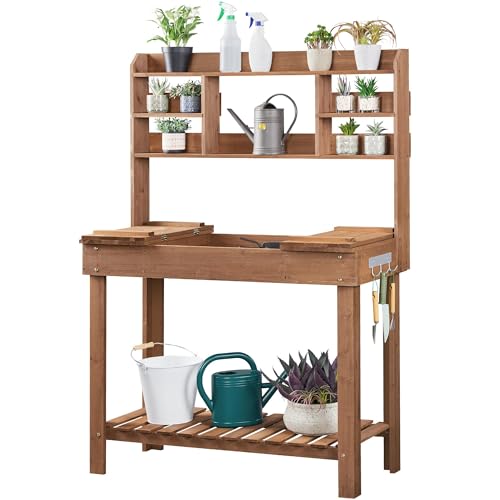 Yaheetech Potting Bench Table Horticulture Germination Table & Outdoor Garden Work Bench Platform w/Display Rack/Storage Shelf/Hanger/Thoughtful Sink Brown
