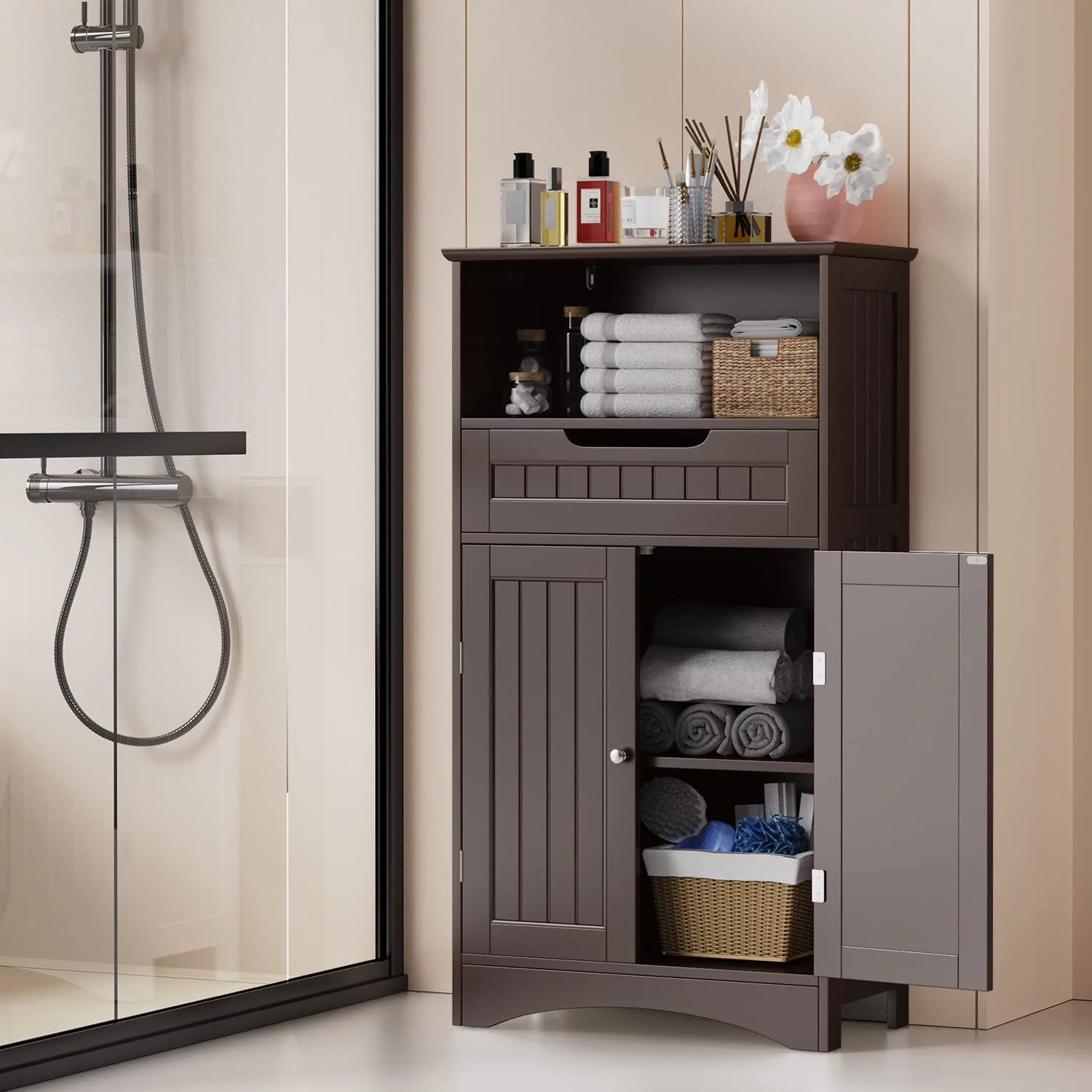 Aiho Bathroom Storage Cabinet with Large Drawer and Adjustable Shelf , Dark Brown