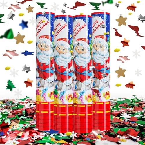 Christmas Confetti Cannon Party Poppers Shooters 4 Pack Xmas Confetti Poppers Christmas Decorations Multicolor Confetti Blaster for Christmas Eve New Year’s