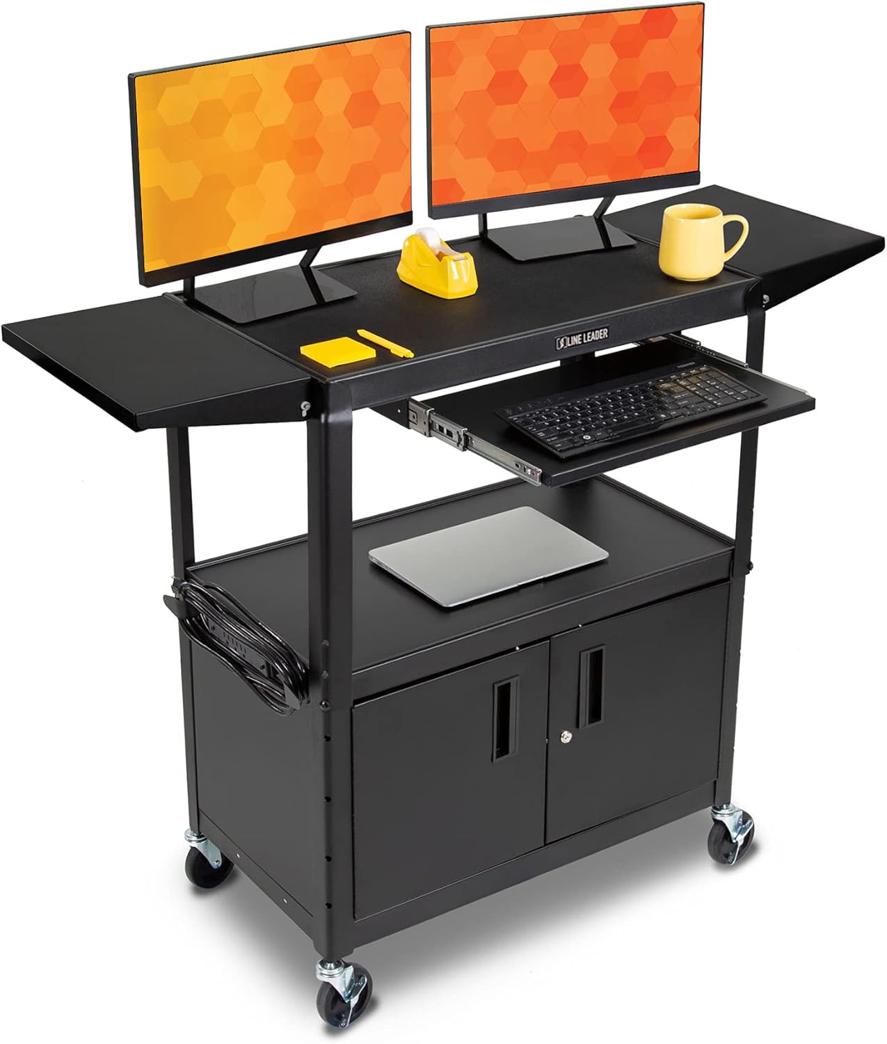 Line Leader Large AV Cart with Locking Cabinet & Drop Leaves | Height Adjustable Utility Cart | Includes Pullout Keyboard Tray & Cord Management | Easy Assembly (54in x 18in x 42in / Black)