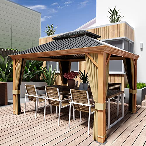 HAPPATIO 10' x 12' Hardtop Gazebo, Outdoor Wood Grain Frame Aluminum Metal Gazebo with Galvanized Steel Double Roof，Patio Canopy with Netting and Curtains for Patio, Deck，Backyard (Gray)