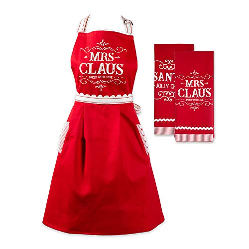 DII Christmas Kitchen Décor, Holiday Cooking & Baking Accessories Machine Washable Cotton, Apron/Dishtowel Set, Mrs. Claus Set, 3 Count