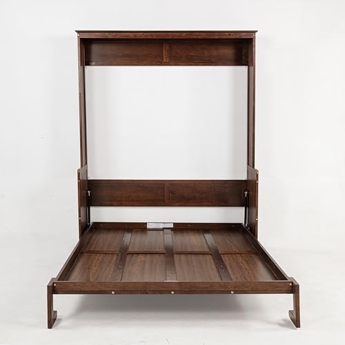 Murphy Bed Wall Bed with Desk, Wood Cabinet Murphy Bed, Space-Saving Hidden Wall Bed with Gas Struts, Walnut