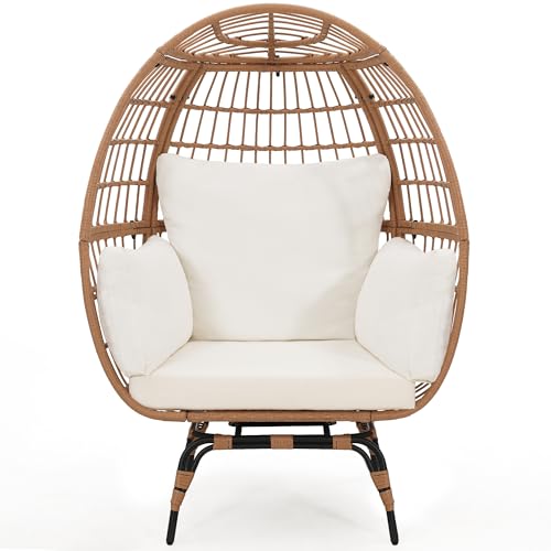 Oversized 360 Swivel Rattan Egg Chair for Adult, Indoor Outdoor Patio Large Wicker Egg Chair with Overstuffed Cushions, 440lb Weight Capacity, Black Rattan with Beige Cushion