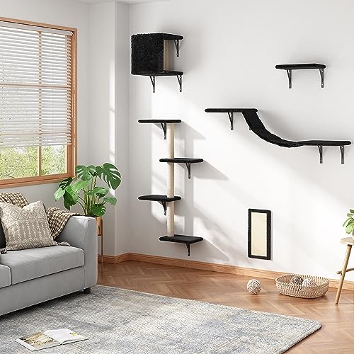 5 Pcs Wall-Mounted Cat Climber Set, Wood Indoor Cat Shelves with Perches, Ladder, Cat Condo House, Scratching Board and Cat Tree, Wall Shelves Furniture (Beige)
