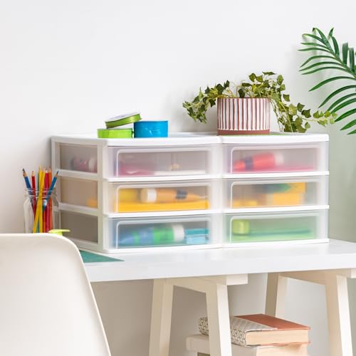 IRIS USA Medium 3-Drawer Desktop Organizer with Open Tray Top, 2 Pack, Plastic Drawer Storage Container for Stationery Art Craft Supplies, White