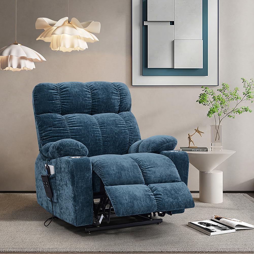 Power Lift Recliner Chair for Elderly, Dual Motor Power Lift Recliner Chair 180 Deg Lay Flat Sleeper Electric Recliner Chair Sofa with Remote Control Massage and Heat Cup Holder For Home Office Blue