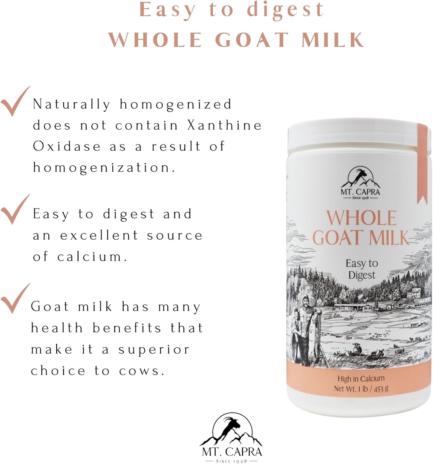 Whole Goat Milk by Mt. Capra | A Whole Goat Milk Powder from Non-GMO, Grass-fed Goats, Creamy, Great Tasting, Easy to Digest, A2 Milk - 1 pound