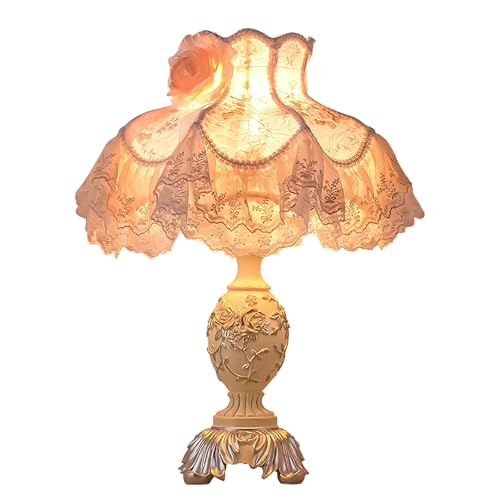 Pink European Style Desk Lamp with Fabric Shade,Victorian Table Lamp with E27 Bulb and Button Switch European Vintage Lamps for Bedroom Living Room Office Study