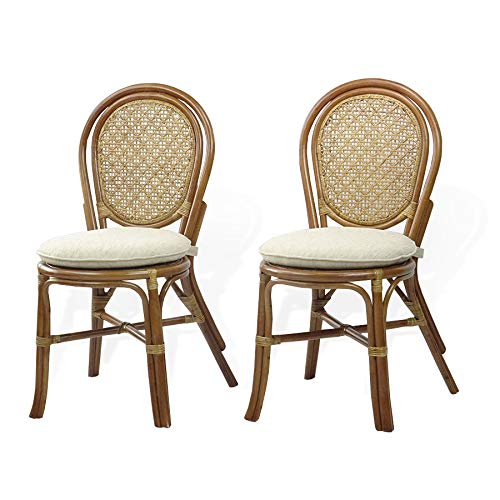 Set of 2 Denver Dining Handmade Wicker Side Chair Natural Rattan, Colonial Color with Cream Cushion