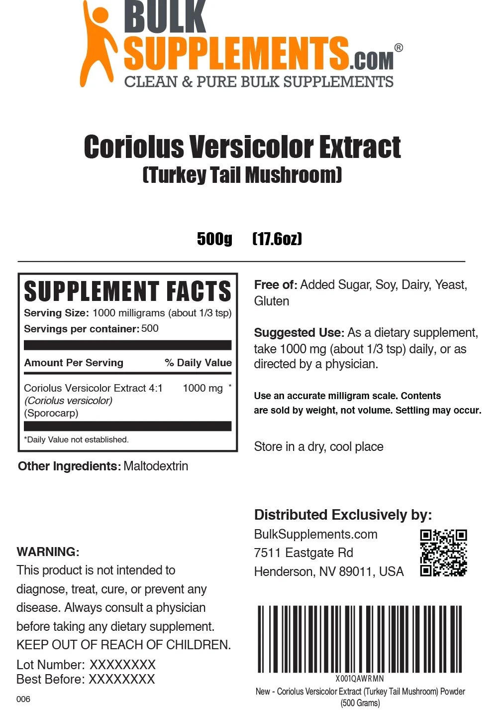 BulkSupplements.com Turkey Tail Mushroom Extract Powder, 1000mg - Promotes Digestive Support (500G - 500 Serv)